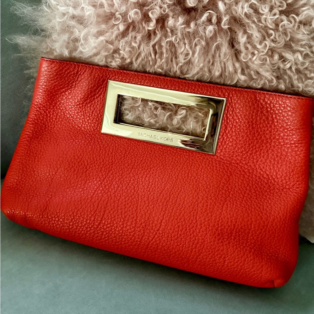 Michael Kors orange red Clutch with Gold Accent